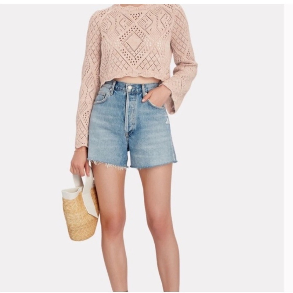 Ronny Kobo Gallia Crochet Cotton  Long Sleeve Crop Top in  Blush